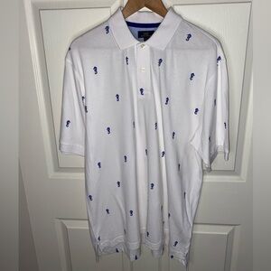 Brooks Brothers White and Blue Polo Shirt with Seahorse Print, Nautical Details